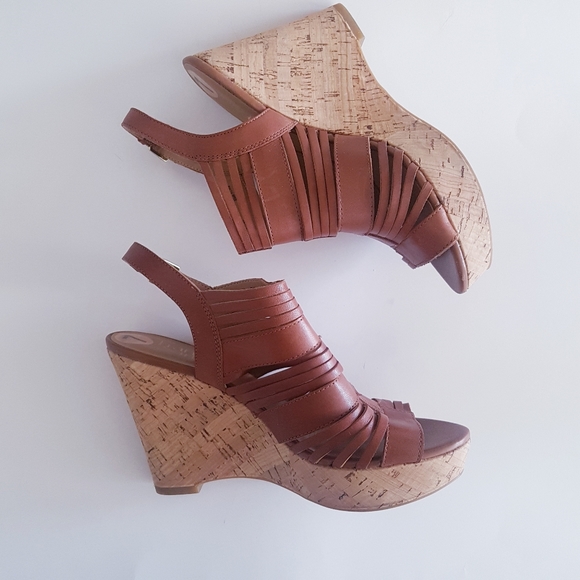 FRANCO SARTO Brown Leather Platform Cork Wedges - Picture 11 of 13